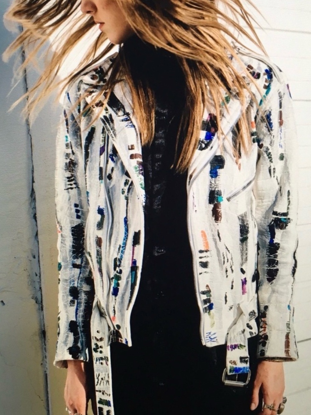 Laer hand painted limited edition Cream Leather Moto Jacket small